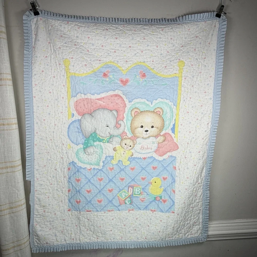 VTG Baby Crib Quilt Blanket‎ Blue Bear Elephant Duck Hearts Boys Nursery Decor